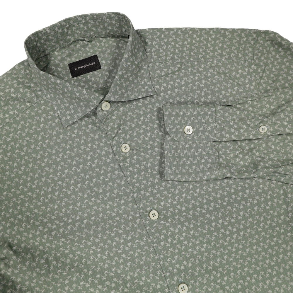 ERMENEGILDO ZEGNA Men's L Sage Green Geometric Print Button Down Dress Shirt